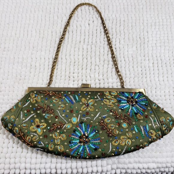 Santi Handbags - Santi Olive Green Beaded & Embroidered Clutch